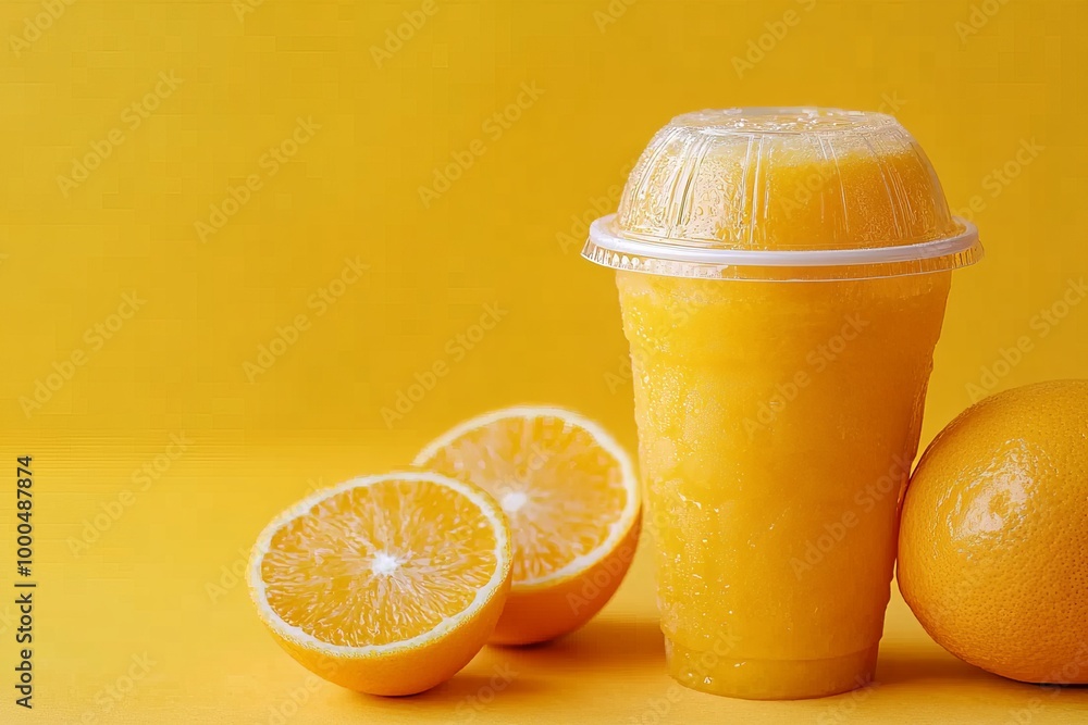 Poster a fresh orange smoothie in a takeaway cup with a matching yellow background creating a fun and vibra