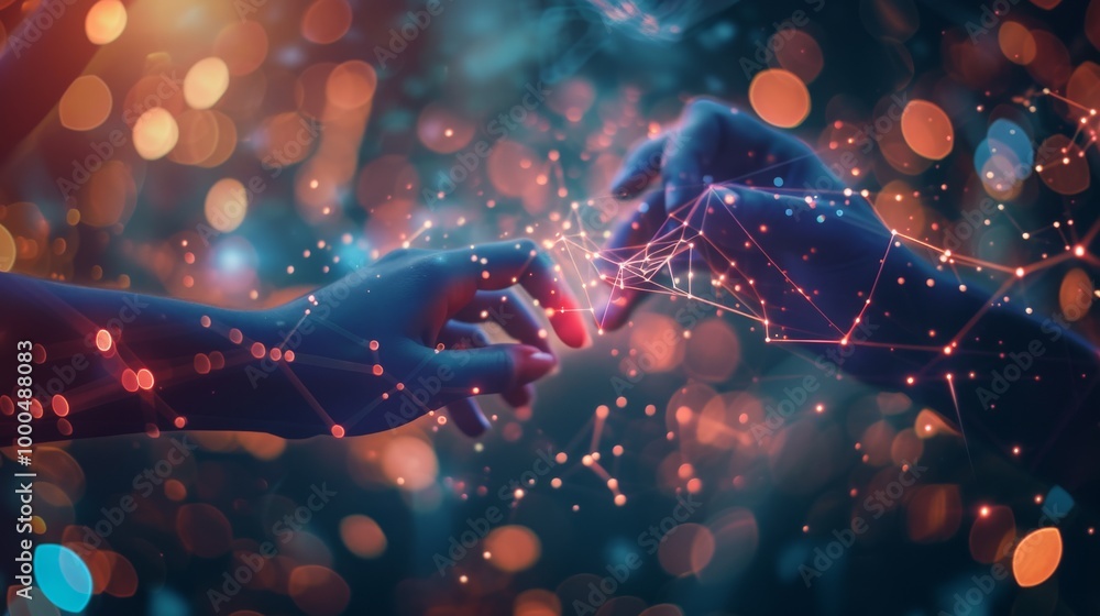 Poster a futuristic, abstract image showing two hands reaching towards each other, connected by glowing dig
