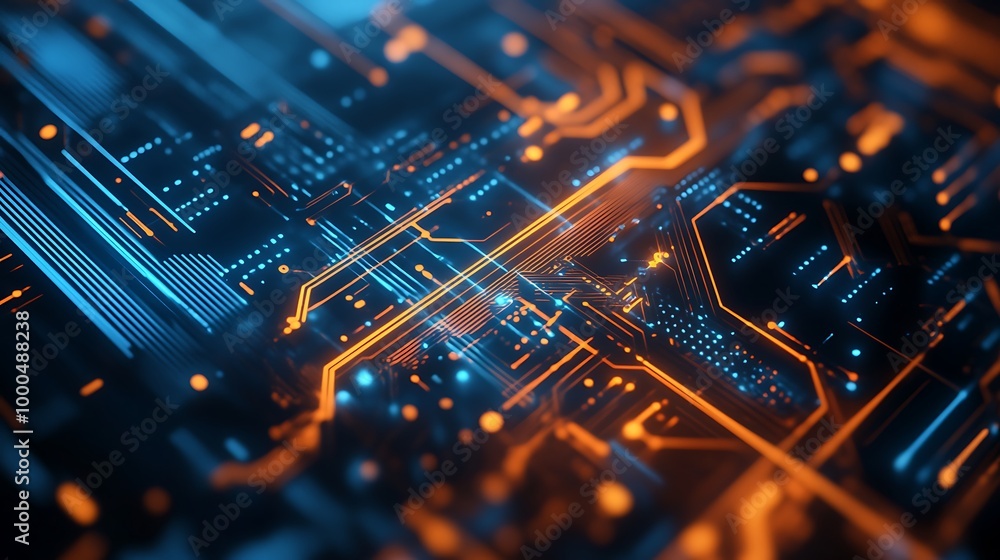 Poster futuristic abstract structure featuring intricate circuit designs and computer technology