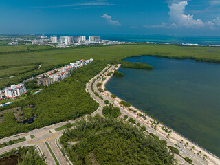 Aerial Drone View of Malecón Tajamar in Cancun, Mexico