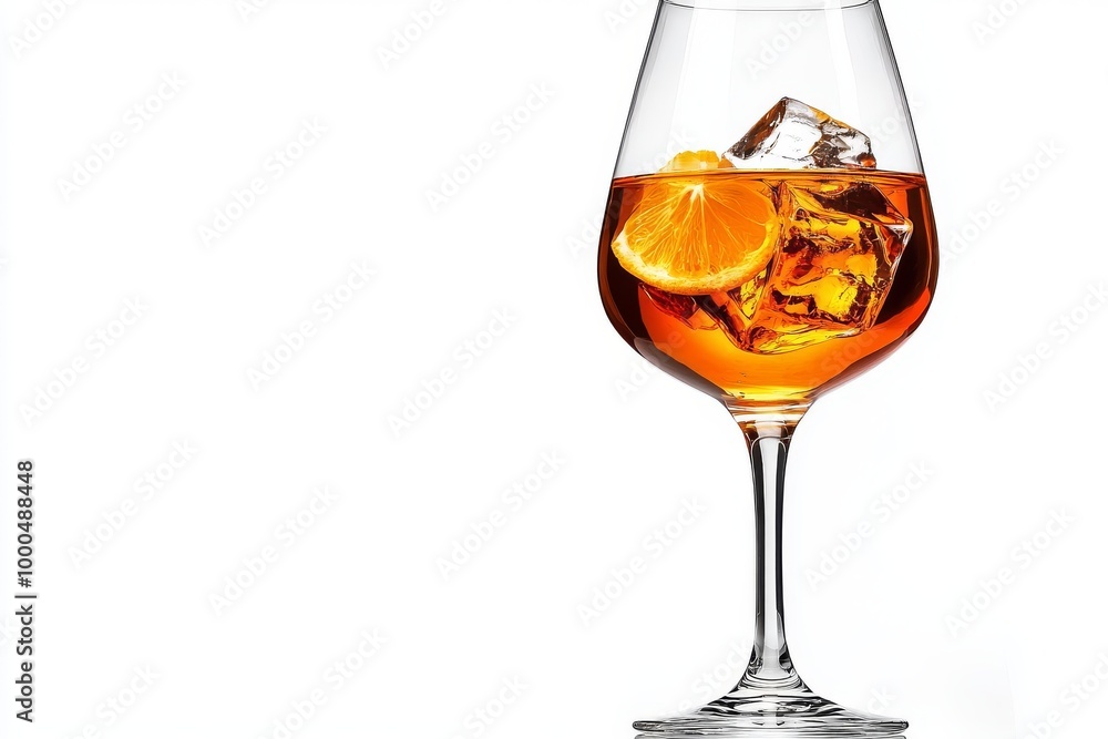 Poster a wine glass with ice cubes and orange zest set in a neutral setting with soft lighting evoking a re
