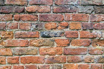 Ancient brick wall in closeup creating horizontal pattern in old brickwork texture
