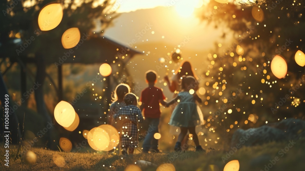 Poster A group of children walks hand-in-hand through a serene forest during sunset. The scene is illuminated with magical glowing orbs, creating an atmosphere of wonder and enchantment.