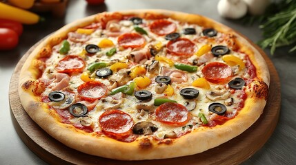 A delicious pizza topped with a variety of colorful ingredients, including fresh vegetables, melted cheese, and savory meats, presented on a rustic wooden table. 