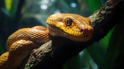 Fototapeta premium Pictures of an exotic snake gracefully coiled around a rainforest branch