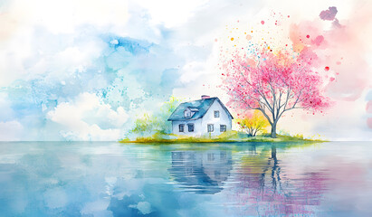 Fototapeta premium Watercolor Cottage by the Lake with Vibrant Trees