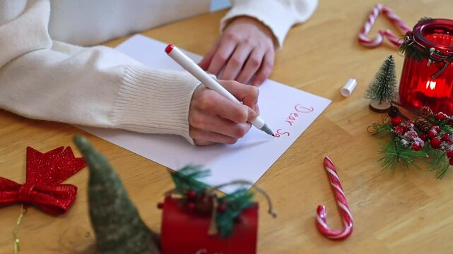 A teenage girl writes a letter to Santa Claus at the table.