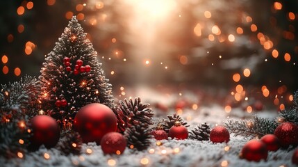 Christmas and New Year holidays background. Christmas tree with red baubles and lights bokeh background. Space for text. Copy space. Greeting card.