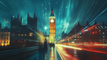 long exposure with motion blur light trail of Big Ben at night, London