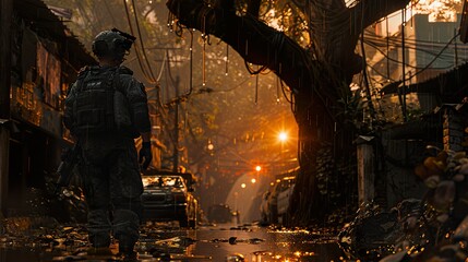 Soldier Walking Through Rain-Soaked City Street