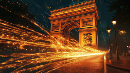 long exposure with motion blur light trail of Arc de Triomphe at night