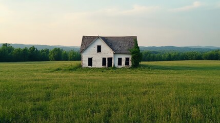 Fototapeta premium An abandoned house stands alone in a vast green field under a serene sky, evoking a sense of nostalgia and tranquility.