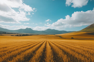 Fototapeta premium Rural Charm: A Landscape of Golden Crop Fields at a Farm