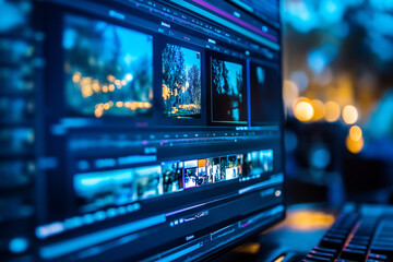Naklejka premium Detailed Insight into Video Editing: Monitor Display with Timeline