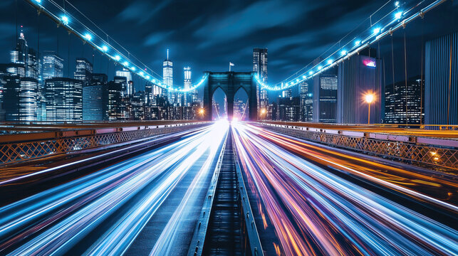 Fototapeta long exposure with motion blur light trail of Brooklyn Bridge at night