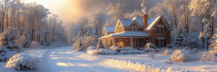 A cozy wooden cabin nestled in a snowy landscape by a river, surrounded by snow-covered trees under a golden sunset.