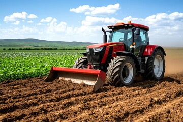 Fototapeta premium Tractor plowing through rich soil, kicking up dust in the air as it moves across a vast farm, preparing the land for planting