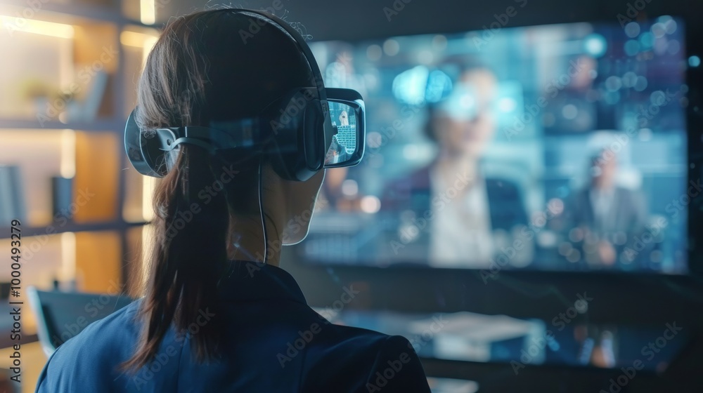 Poster a woman wears a virtual reality headset while engaging in a digital meeting displayed on a large scr
