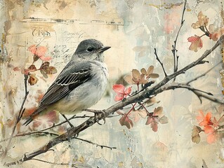 Vintage Bird on Branch with Delicate Flowers