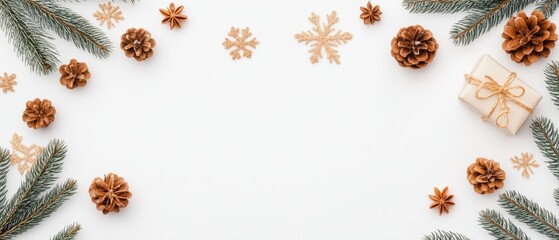 Obraz premium Pine branches, glittering ornaments, frosted pinecones, and golden snowflakes arranged on a white background for a festive and elegant Christmas decoration.