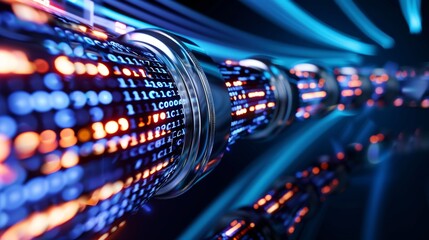 Digital data flow with glowing binary code, abstract background