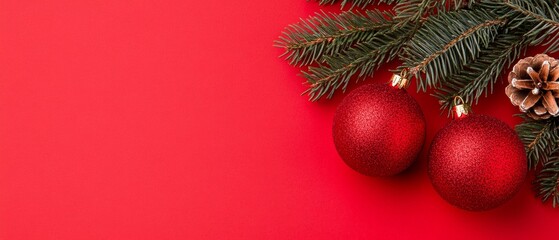 Red Christmas ornaments hanging from a pine branch with lights in the background. A classic holiday scene filled with festive warmth.