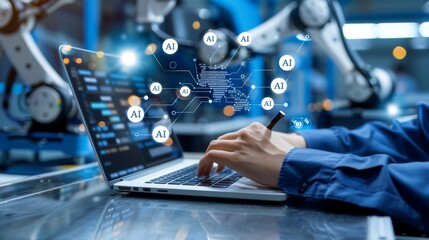 Hand using laptop with AI artificial intelligence symbols in industrial setting.