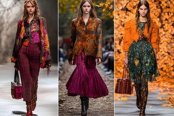 Naklejka premium Elegant fall fashion showcase featuring three stylish models in autumn attire. Generative AI