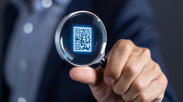 Hand holding magnifying glass over QR code - Powered by Adobe