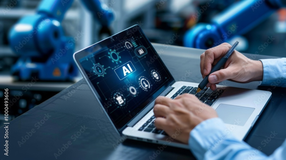 Aufkleber person using laptop with ai interface in robotic environment