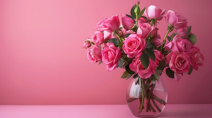 Bouquet of pink roses in a glass vase on a colors background
