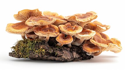 Close-Up of Delicate Brown Mushrooms on a Piece of Wood