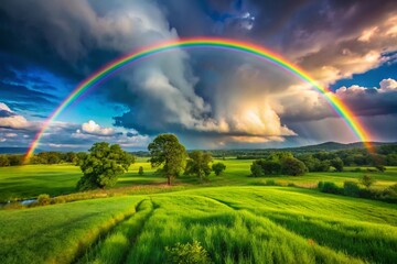 Obraz premium Majestic Rainbow Arching Over a Lush Green Landscape After a Refreshing Rain Shower in Nature