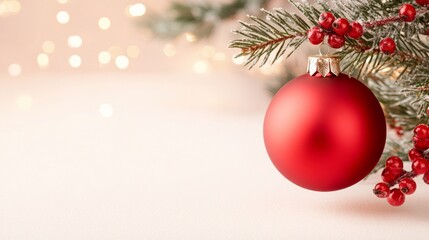 Obraz premium Red Christmas ornament hanging from a frosted pine branch. Warm lights in the background create a soft bokeh effect