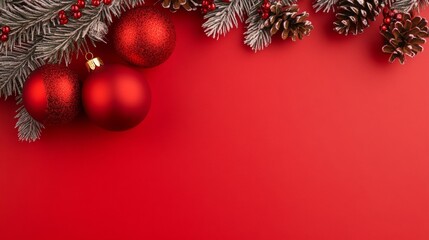 Red Christmas ornaments hanging from a pine branch with lights in the background. A classic holiday scene filled with festive warmth.