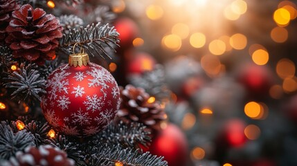 Obraz premium Red Christmas ornaments hanging from a pine branch with lights in the background. A classic holiday scene filled with festive warmth.