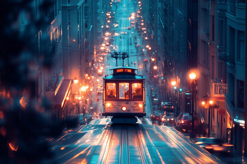Neon Night Ride: A Cable Car Crossing a City at Night, Skyscrapers Glowing with Vibrant Signs