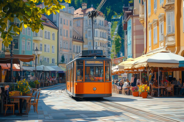 Fototapeta na wymiar Colorful Cableways: A Vibrant Cable Car in a Bustling European City Square
