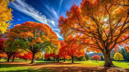 Majestic Trees in Nature Showcasing Vibrant Foliage and Unique Shapes Under Clear Blue Sky