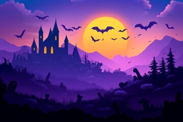 Haunted castle perched on a hilltop under a purple sunset sky surrounded by bats and creepy trees evoking a spooky Halloween night atmosphere in a silhouette style