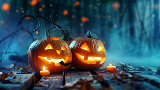 An enchanting Halloween scene with a plethora of eerie pumpkins set against a mysterious forest backdrop