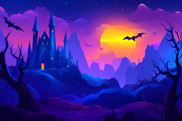 Fototapeta premium Enchanted castle surrounded by glowing trees and a purple night sky with bats and a crescent moon evoking a mysterious magical Halloween atmosphere