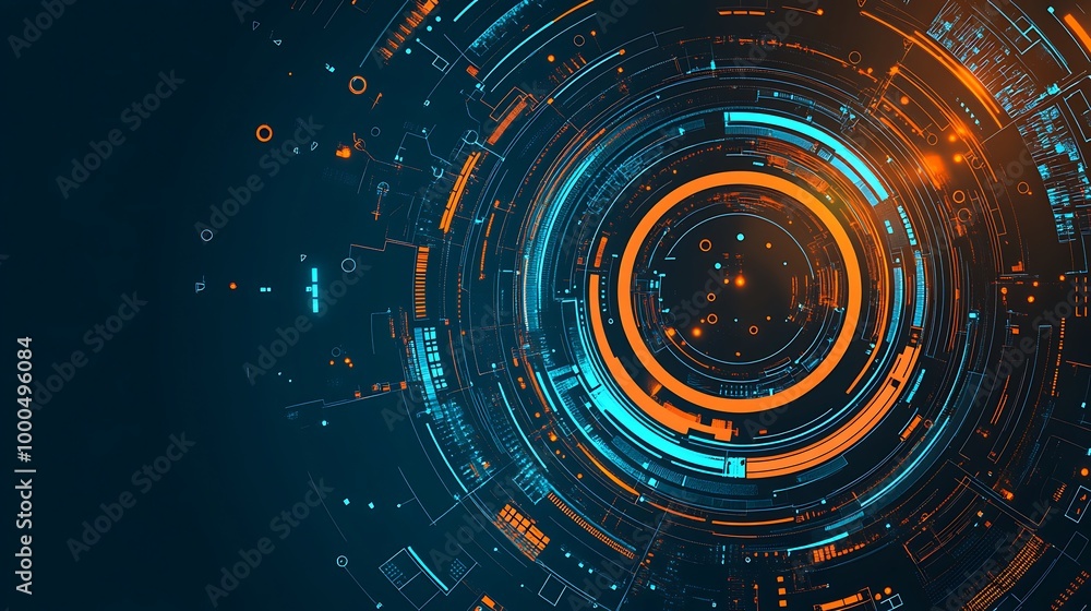 Poster abstract digital technology background with glowing orange and blue circles.