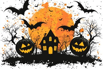 Halloween themed illustration featuring haunted houses glowing jack o lanterns bats and eerie trees silhouetted against a vibrant orange splatter background