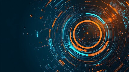 Fototapeta premium Abstract digital technology background with glowing orange and blue circles.