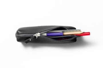 Top view opened pencil case containing various pens, markers, pencils, ruler and erasers isolated on a transparent background, PNG. High resolution.