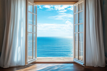 Seaside Serenity: A Wide-open Window with a Gentle Sea Breeze Flowing Through Sheer Curtains