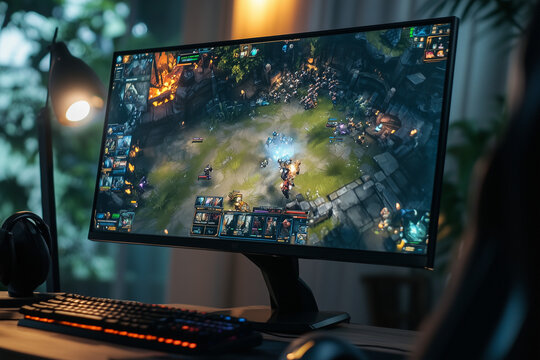 Battle Station: A Monitor Displaying an Intense Multiplayer Online Battle Arena Game