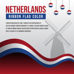 Netherlands ribbon flag with Traditional Windmill silhouette and decoration