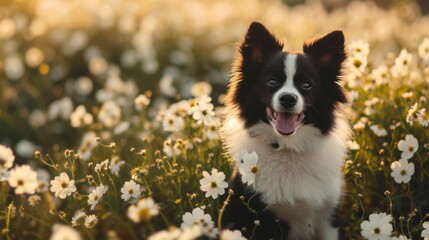 Obraz premium A cheerful black-and-white Border Collie sits among a field of white flowers, bathed in warm golden light. The dog's wide smile and playful demeanor create a joyful and serene atmosphere, perfect for